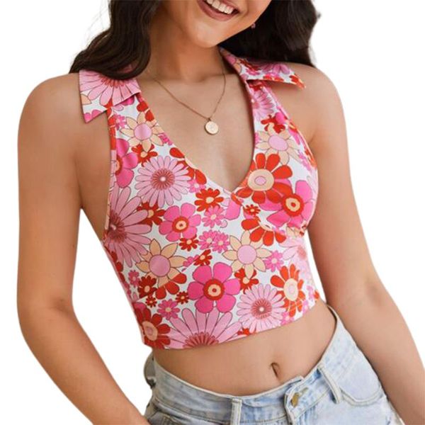women's tanks & camis lapel crop tank sleeveless halter neck floral print slim fit camisole backless club streetwear, White 
women's tanks & camis lapel crop tank sleeveless halter neck floral print slim fit camisole backless club streetwear, White