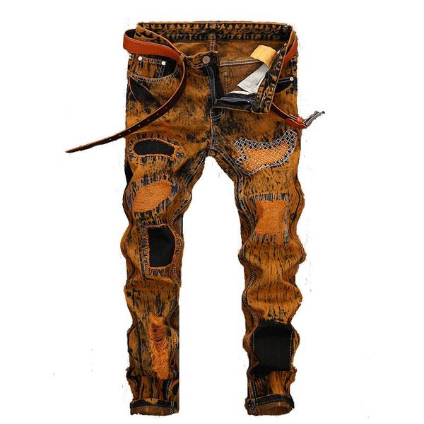 men's jeans retro ripped personality distressed straight-leg pants, Blue 
men's jeans retro ripped personality distressed straight-leg pants, Blue