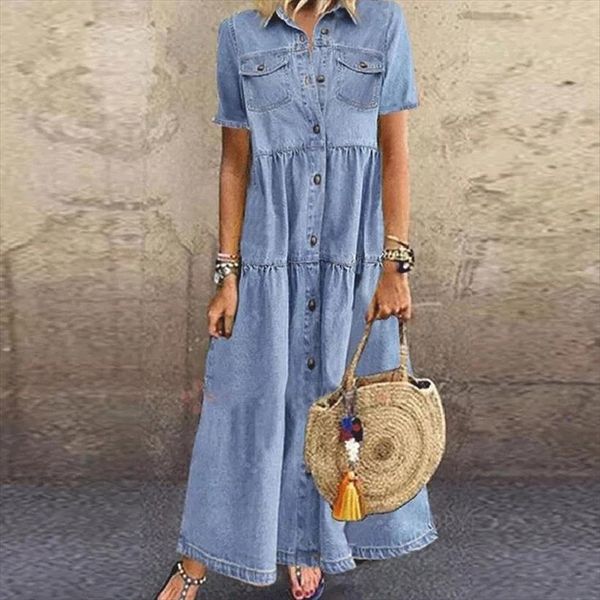 summer denim casual button women dresses up pocket blue v neck short sleeve maxi plus size long vestidos 5xl, Black;gray
summer denim casual button women dresses up pocket blue v neck short sleeve maxi plus size long vestidos 5xl, Black;gray