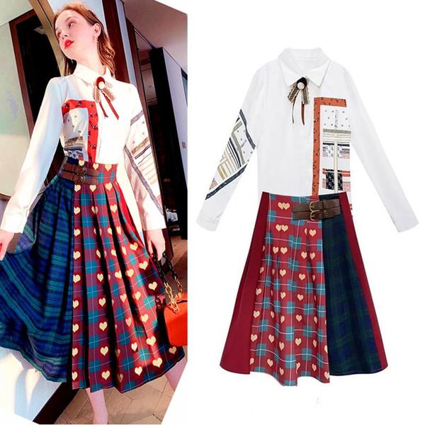 two piece dress women's vintage print shirts spliced graceful party skirt suit, White
two piece dress women's vintage print shirts spliced graceful party skirt suit, White