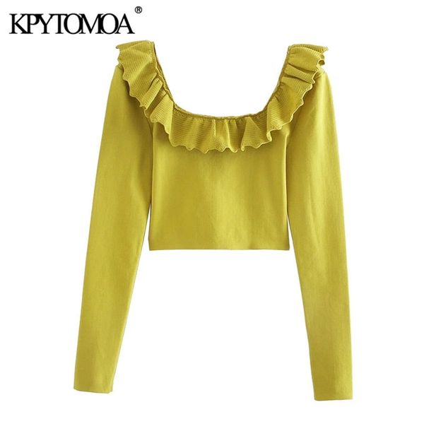 women sweet fashion ruffled cropped knitted sweater vintage square collar long sleeve female pullovers chic 210420, White;black
women sweet fashion ruffled cropped knitted sweater vintage square collar long sleeve female pullovers chic 210420, White;black