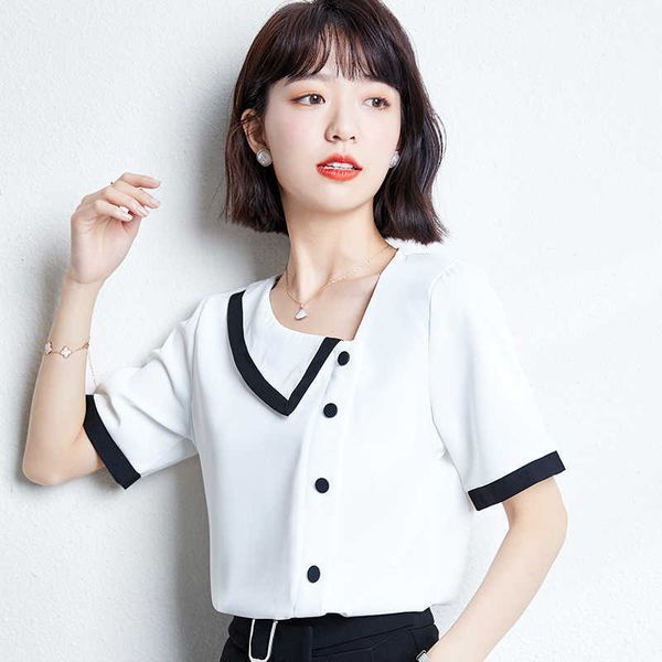 korean women's shirt chiffon blouses for women short sleeve female white patchwork blouse woman s 210604
korean women's shirt chiffon blouses for women short sleeve female white patchwork blouse woman s 210604