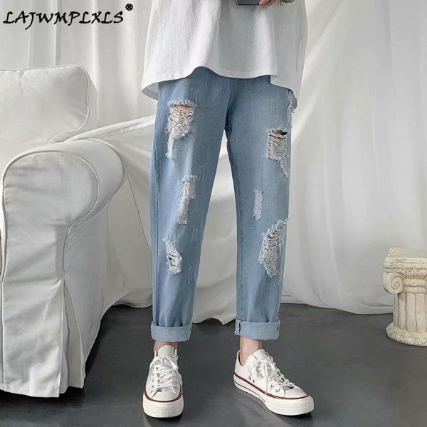 men's jeans solid men hole plus size 5xl crimping mens ankle-length casual loose drawstring streetwear frayed trendy trousers, Blue
men's jeans solid men hole plus size 5xl crimping mens ankle-length casual loose drawstring streetwear frayed trendy trousers, Blue
