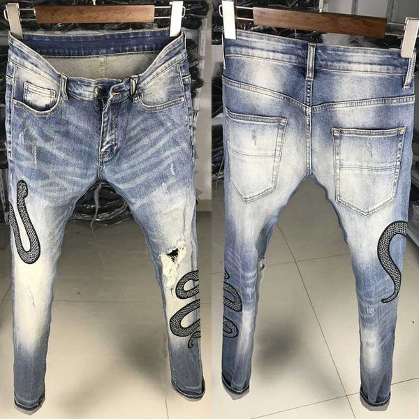 men's jeans streetwear denim punk trousers fashion embroidery designer retro blue destroyed ripped for hip hop pants avgc
men's jeans streetwear denim punk trousers fashion embroidery designer retro blue destroyed ripped for hip hop pants avgc