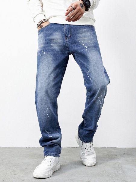 men paint drip print slant pocket jeans s3yy#, Blue