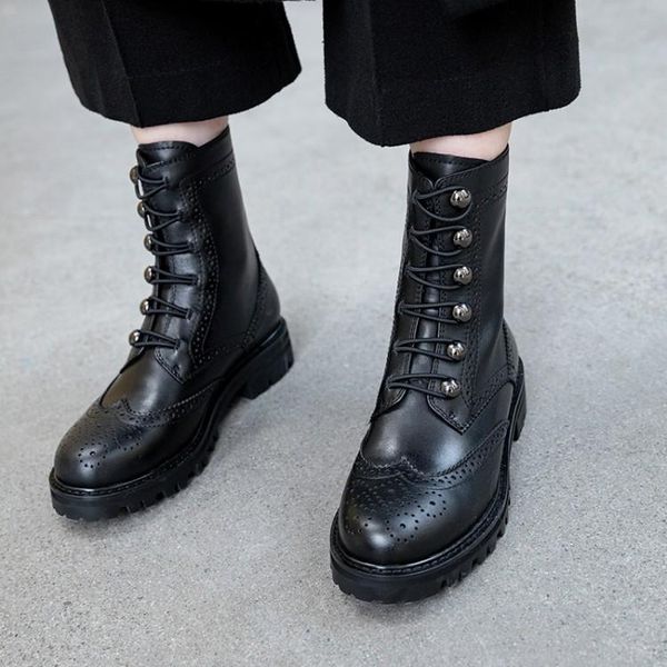 boots flat heel ankle women winter shoes brogue genuine leather motorcycle female british wind booties, Black
boots flat heel ankle women winter shoes brogue genuine leather motorcycle female british wind booties, Black