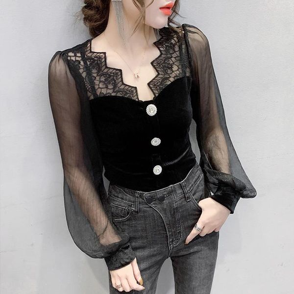 women's t-shirt #5646 black velour spliced lace t shirt women v neck single breasted tee femme see through casual womens shirts, White
women's t-shirt #5646 black velour spliced lace t shirt women v neck single breasted tee femme see through casual womens shirts, White