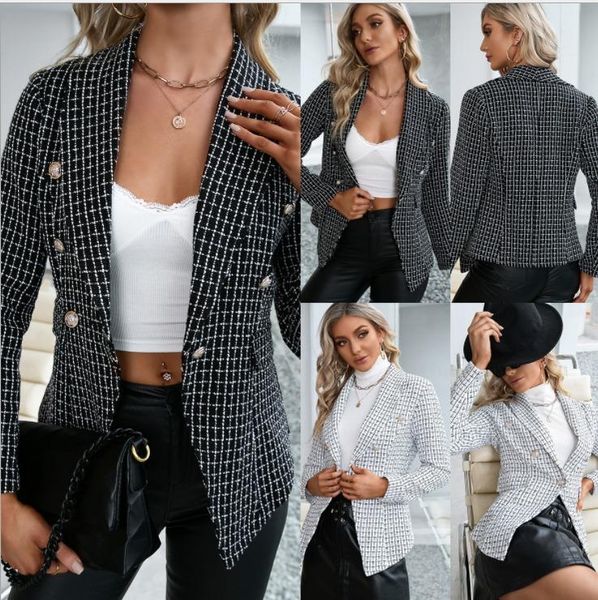women's suits & blazers 2021 europe and america super fashion plaid slim suit double breasted temperament commuter jacket for women, White;black
women's suits & blazers 2021 europe and america super fashion plaid slim suit double breasted temperament commuter jacket for women, White;black