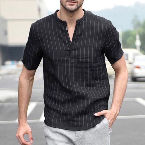 men's casual shirts baggy stripe cotton linen short sleeve tee blouse breathable retro male shirt for men, White;black
men's casual shirts baggy stripe cotton linen short sleeve tee blouse breathable retro male shirt for men, White;black