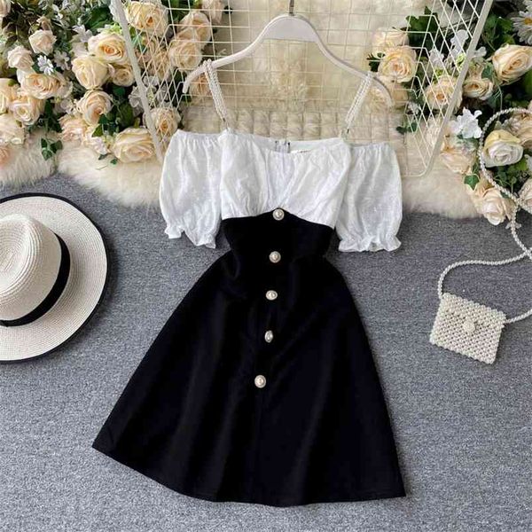 summer women bead sling design short dress slim black white splicing high waist 210430, Black;gray
summer women bead sling design short dress slim black white splicing high waist 210430, Black;gray