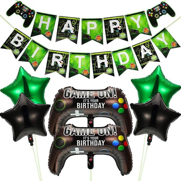 party decoration video game supplies include on balloons controller aluminum foil balloon and happy birthday gaming banner
party decoration video game supplies include on balloons controller aluminum foil balloon and happy birthday gaming banner