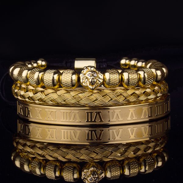 

3pcs luxury roman royal lion head charm bracelet men stainless steel geometry pulseiras men open adjustable couple jewelry, Golden;silver