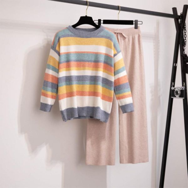 women's tracksuits casual autumn women fashion sweet colorful stripes loose pullover sweater + knitting wide-leg long pants 2 piece se, Gray
women's tracksuits casual autumn women fashion sweet colorful stripes loose pullover sweater + knitting wide-leg long pants 2 piece se, Gray