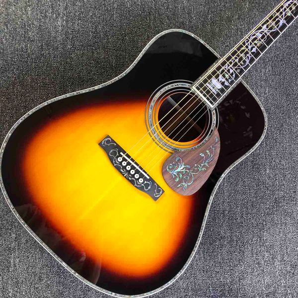 custom solid spruce 41" d body shape acoustic electric guitar in sunburst with customized logo on headstock
custom solid spruce 41" d body shape acoustic electric guitar in sunburst with customized logo on headstock