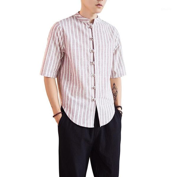 loldeal summer chinese short sleeve breathable striped shirt cotton and buckle collar men's casual shirts, White;black