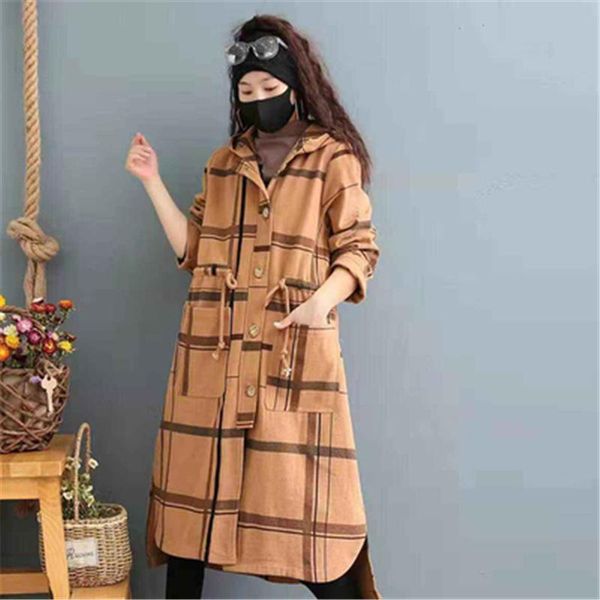 women's trench coats mid-length windbreaker jacket female 2021 autumn winter retro plaid large size loose hooded tide, Tan;black
women's trench coats mid-length windbreaker jacket female 2021 autumn winter retro plaid large size loose hooded tide, Tan;black