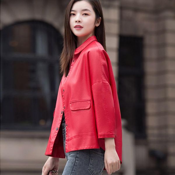 women's leather & faux short loose korean spring and autumn 2021 sheepskin jacket, Black
women's leather & faux short loose korean spring and autumn 2021 sheepskin jacket, Black