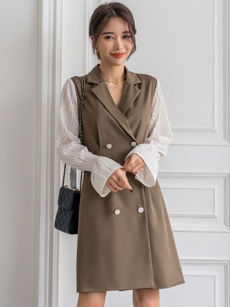 dazy contrast textured flounce sleeve double breasted blazer dress 29j8#, White;black
dazy contrast textured flounce sleeve double breasted blazer dress 29j8#, White;black