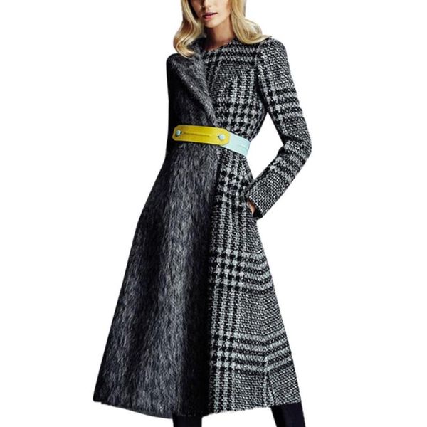 women's wool & blends vintage plaid woolen stitching long coat winter thicken warm turn down collar slim waist female outwear, Black
women's wool & blends vintage plaid woolen stitching long coat winter thicken warm turn down collar slim waist female outwear, Black