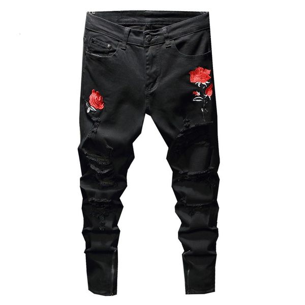 men's jeans rose embroidery ripped denim fashion red flower embroidered holes skinny stretch pencil pants trousers vu7n, Blue
men's jeans rose embroidery ripped denim fashion red flower embroidered holes skinny stretch pencil pants trousers vu7n, Blue