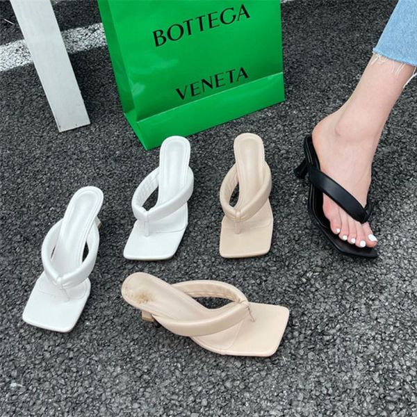 slippers stylish women's shoes flip flops square head beach high heels sandals black white beige clip toe pu female footwear
