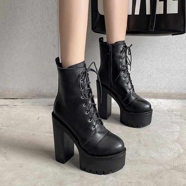 boots fashion thick heel platform lace up high heels ankle shoes, Black