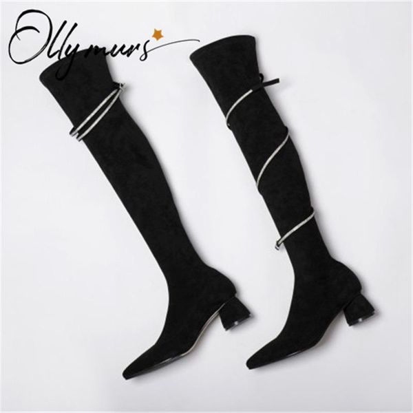 boots ollymurs fashion black women over the knee pointed toe slip on thick mid heel winter shoes woman