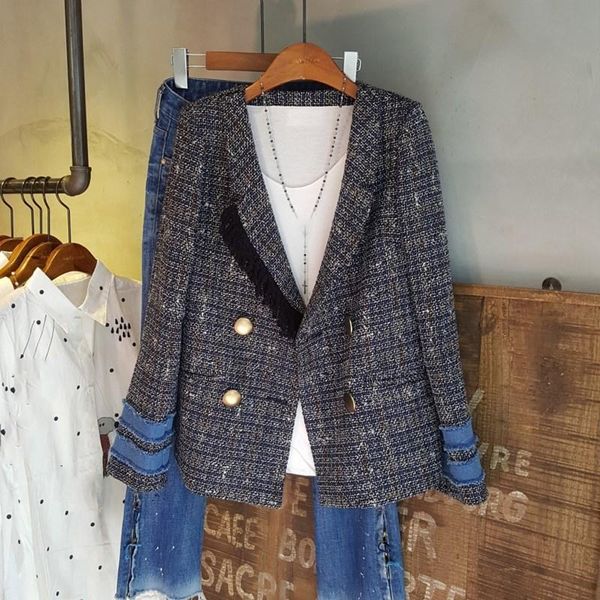 women's suits & blazers 2021 autumn plaid patchwork vintage blazer women jacket slim notched collar tweed suit outerwear, White;black
women's suits & blazers 2021 autumn plaid patchwork vintage blazer women jacket slim notched collar tweed suit outerwear, White;black