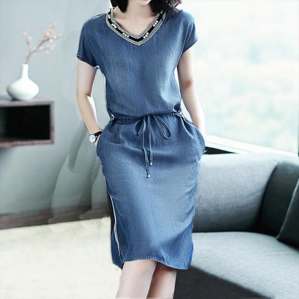 summer style plus size fashion women dresses v neck casual loose lacing solid jeans dress for larger denim one piece, Black;gray
summer style plus size fashion women dresses v neck casual loose lacing solid jeans dress for larger denim one piece, Black;gray