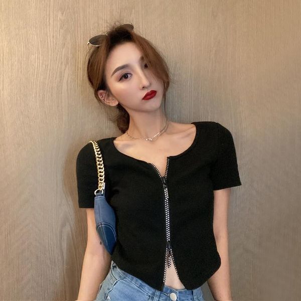 women's t-shirt short sleeve summer cardigan with high waist and exposed navel double zippers, White
women's t-shirt short sleeve summer cardigan with high waist and exposed navel double zippers, White