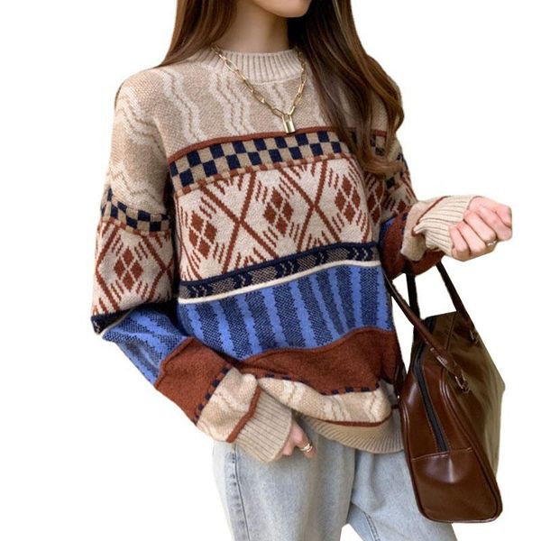 women's sweaters 2021 autumn winter fashion sweater women retro long sleeve knitted pullovers female casual loose jumper, White;black
women's sweaters 2021 autumn winter fashion sweater women retro long sleeve knitted pullovers female casual loose jumper, White;black