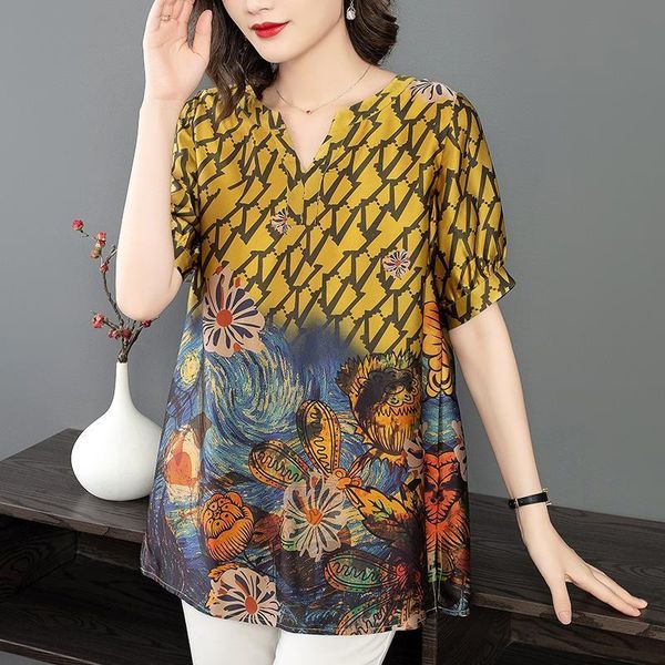 loose imitation silk shirt women's mid-length spring and summer style printed v-neck western retro short-sleeved t-shirt, White
loose imitation silk shirt women's mid-length spring and summer style printed v-neck western retro short-sleeved t-shirt, White