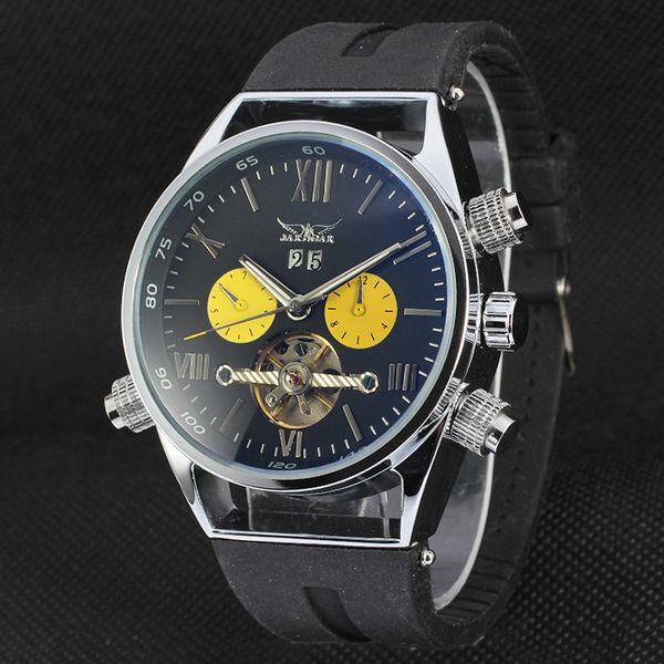 jaragar fashion classic gentlemen mechanical clock creative hollow nep three-eye design with calendar rubber band, Slivery;brown
jaragar fashion classic gentlemen mechanical clock creative hollow nep three-eye design with calendar rubber band, Slivery;brown