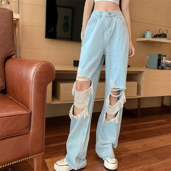 women's jeans imucci 2021 summer spring fashion high waist ripped pants women straight wide leg retro tide loose, Blue
women's jeans imucci 2021 summer spring fashion high waist ripped pants women straight wide leg retro tide loose, Blue
