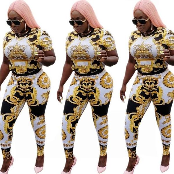 d712 european and american fashion print short-sleeved t-shirt + feet pants retro chain wild suit two-piece set, White
d712 european and american fashion print short-sleeved t-shirt + feet pants retro chain wild suit two-piece set, White