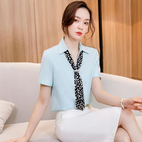 women's blouses & shirts summer women with tie short sleeve ladies sky blue office work wear, White
women's blouses & shirts summer women with tie short sleeve ladies sky blue office work wear, White