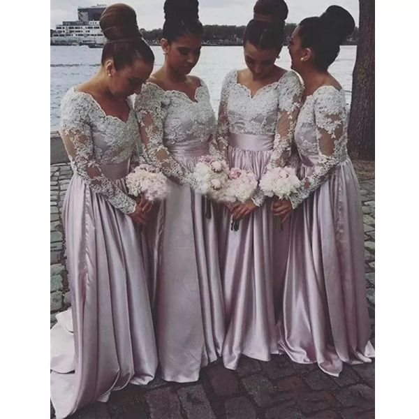 dusty pink bridesmaid dresses a line elastic satin lace applique beaded custom made plus size scalloped neck long sleeves country maid of ho, White;pink
dusty pink bridesmaid dresses a line elastic satin lace applique beaded custom made plus size scalloped neck long sleeves country maid of ho, White;pink