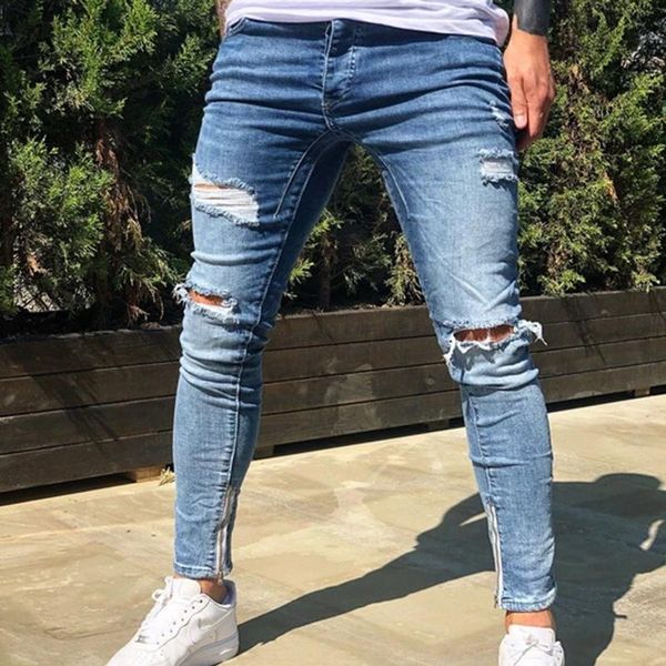 men hip hop ripped casual denim hole destroyed ankle jeans stretch small feet, Blue
men hip hop ripped casual denim hole destroyed ankle jeans stretch small feet, Blue