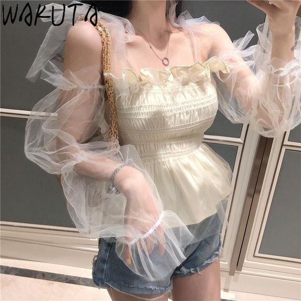 women's blouses & shirts wakuta patchwork mesh slim square collar for women korean trendy casual lace up ruffled, White
women's blouses & shirts wakuta patchwork mesh slim square collar for women korean trendy casual lace up ruffled, White
