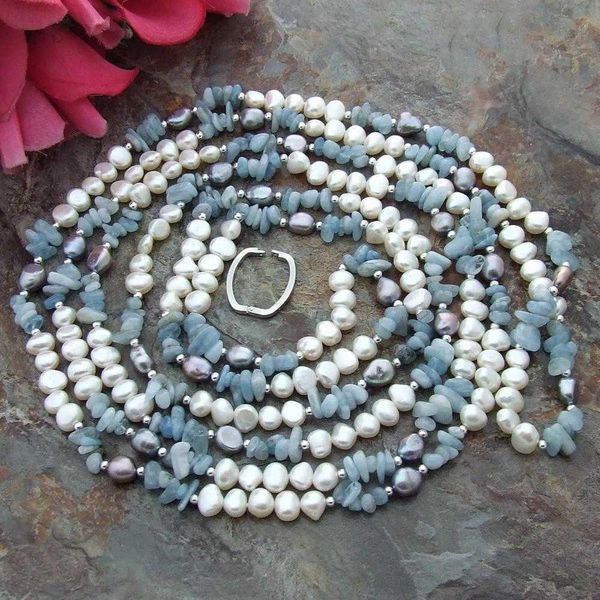 93" natural white baroque freshwater pearl genuine blue stone chips long necklace handmade jewelry gift, Silver
93" natural white baroque freshwater pearl genuine blue stone chips long necklace handmade jewelry gift, Silver