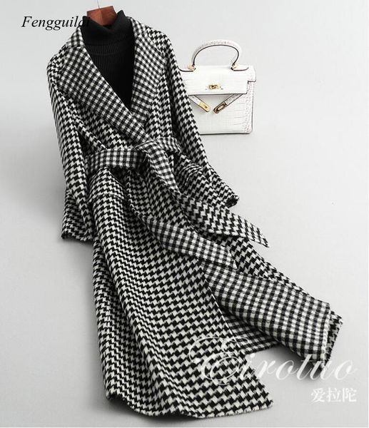 women's wool & blends houndstooth long coat women autumn winter belt with pocket plaid straight woolen thick tweed female overcoat, Black
women's wool & blends houndstooth long coat women autumn winter belt with pocket plaid straight woolen thick tweed female overcoat, Black