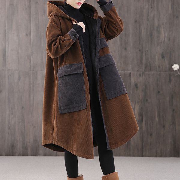 women's fur & faux women vintage corduroy parkas warm patchwork color pockets button oversized new winter coats hooded thick femal, Black
women's fur & faux women vintage corduroy parkas warm patchwork color pockets button oversized new winter coats hooded thick femal, Black