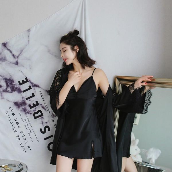 women's sleepwear black lace trim 2pcs pajamas suit kimono bath gown woman v-neck side split nightdress with bra lounge home dress, Black;red
women's sleepwear black lace trim 2pcs pajamas suit kimono bath gown woman v-neck side split nightdress with bra lounge home dress, Black;red