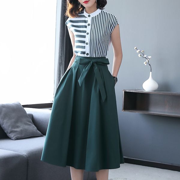 two piece dress summer women office set casual striped shirts blouses and bow midi skirt female business formal suit sets ab88, White
two piece dress summer women office set casual striped shirts blouses and bow midi skirt female business formal suit sets ab88, White