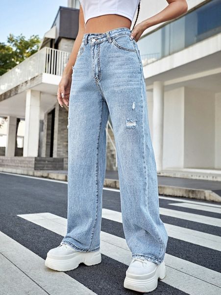 ripped washed wide leg jeans r9tg#, Blue