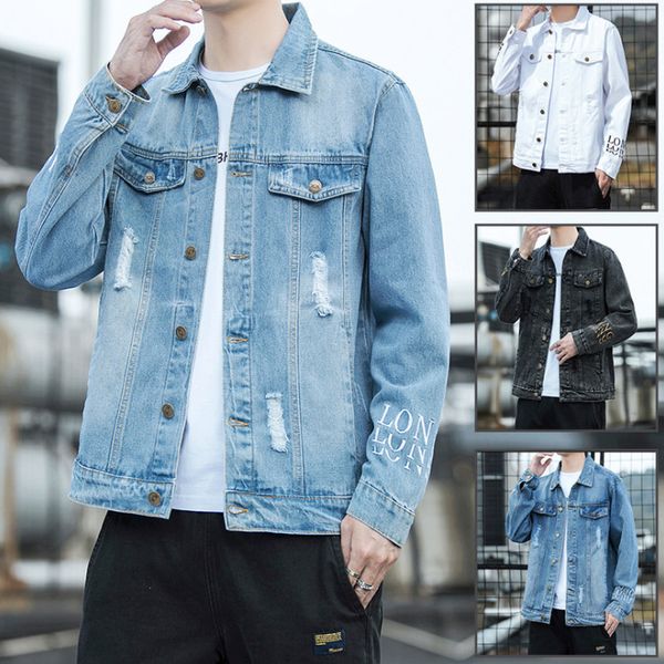 spring autumn men's letter print ripped denim jacket new korean trendy denims coat casual handsome jackets clothing, Black;brown
spring autumn men's letter print ripped denim jacket new korean trendy denims coat casual handsome jackets clothing, Black;brown