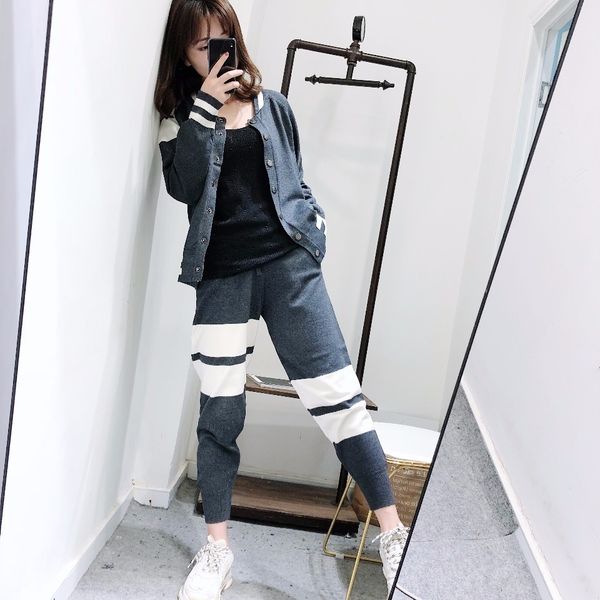 baseball suit tb series wool knitted coat striped harlan small foot closing korean radish pants, White
baseball suit tb series wool knitted coat striped harlan small foot closing korean radish pants, White