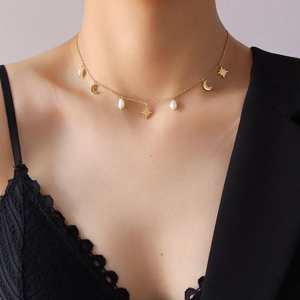 pendant necklaces trendy star moon natural freshwater pearl clavicle necklace gold plated luxury stainless steel charms choker jewelry, Silver
pendant necklaces trendy star moon natural freshwater pearl clavicle necklace gold plated luxury stainless steel charms choker jewelry, Silver