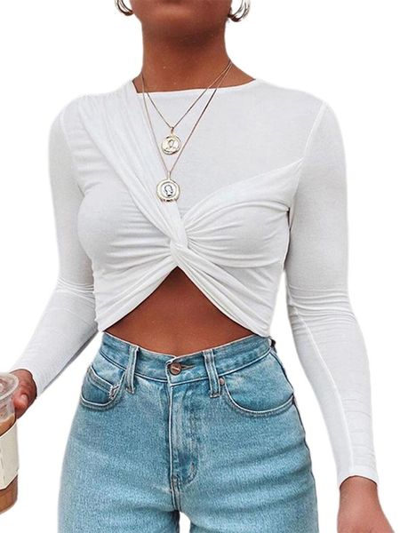 women summer crop blouse elegant fashion full length regular sleeve solid color round neck slim fitting women's blouses & shirts, White
women summer crop blouse elegant fashion full length regular sleeve solid color round neck slim fitting women's blouses & shirts, White