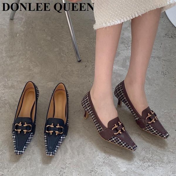 spring med heels 5cm pumps shoes women brand metal buckle square toe retro plaid stitching zapatillas mujer dress, Black
spring med heels 5cm pumps shoes women brand metal buckle square toe retro plaid stitching zapatillas mujer dress, Black